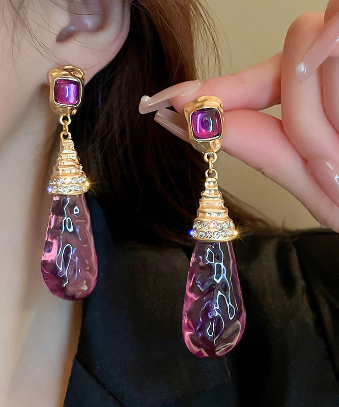 Unique Purple Alloy Zircon Resin Watch Drip Drop Earrings