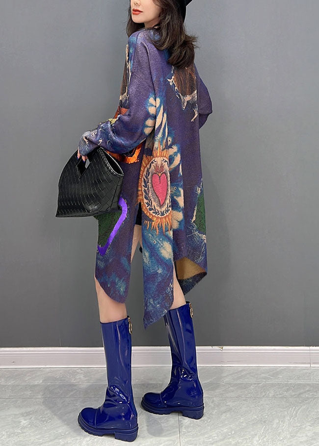 Unique Purple Asymmetrical Print Side Open Knit Long Sweater Winter