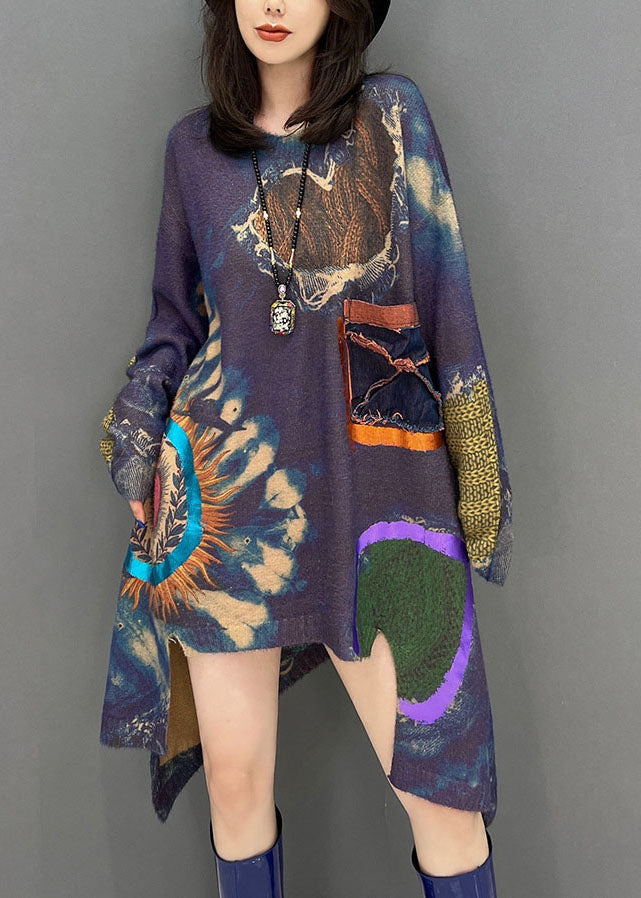 Unique Purple Asymmetrical Print Side Open Knit Long Sweater Winter