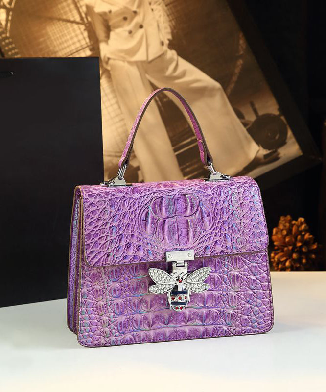 Unique Purple Butterfly Embossed Calf Leather Tote Satchel Handbag