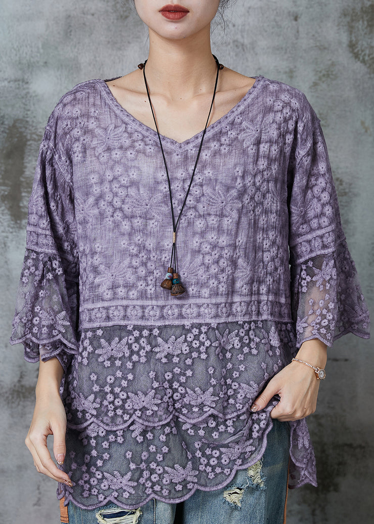 Unique Purple Embroidered Lace Tops Half Flare Sleeve