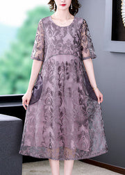 Unique Purple Embroideried Pockets Patchwork Silk Dresses Summer