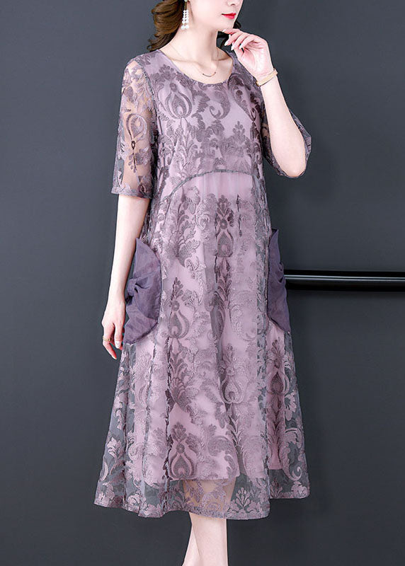 Unique Purple Embroideried Pockets Patchwork Silk Dresses Summer