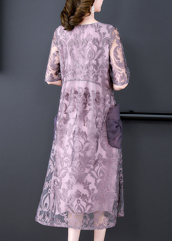 Unique Purple Embroidered Pockets Patchwork Silk Dresses Summer