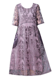 Unique Purple Embroidered Pockets Patchwork Silk Dresses Summer