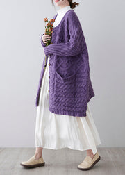 Unique Purple O-Neck Pockets Cozy Knit Cardigan Spring