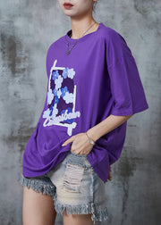 Unique Purple Oversized Print Cotton Tops Summer