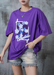 Unique Purple Oversized Print Cotton Tops Summer