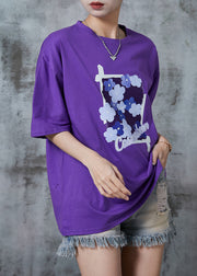 Unique Purple Oversized Print Cotton Tops Summer