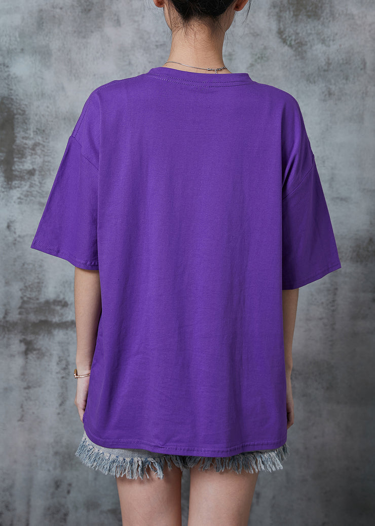 Unique Purple Oversized Print Cotton Tops Summer