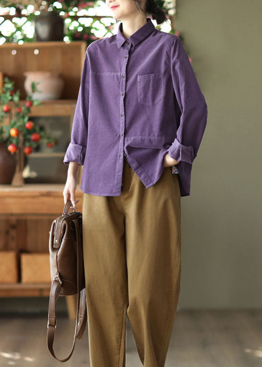 Unique Purple Peter Pan Collar Button Patchwork Corduroy Blouses Spring