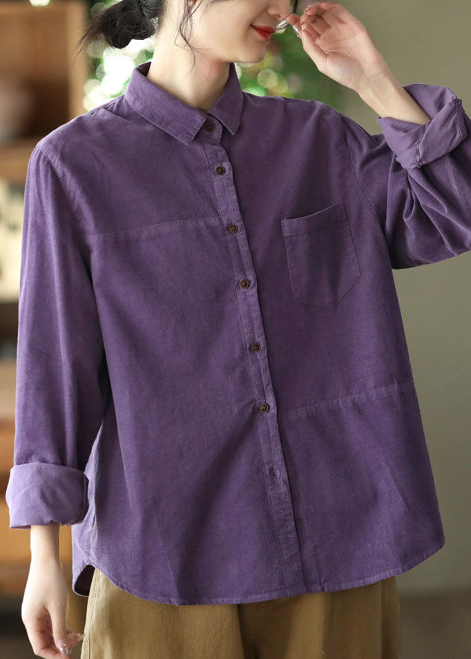 Unique Purple Peter Pan Collar Button Patchwork Corduroy Blouses Spring