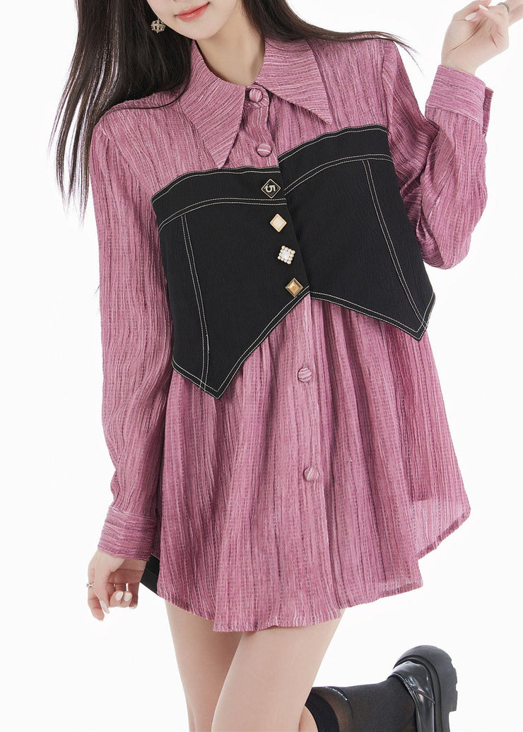 Unique Purple Peter Pan Collar Patchwork Cotton Blouses Spring