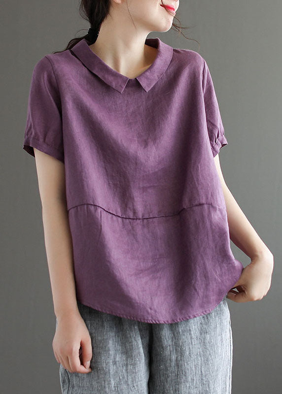 Unique Purple Peter Pan Collar Patchwork Linen T Shirts Summer