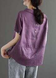 Unique Purple Peter Pan Collar Patchwork Linen T Shirts Summer