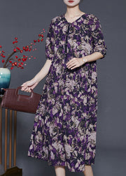 Unique Purple Print Bow Silk Holiday Dress Summer