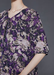 Unique Purple Print Bow Silk Holiday Dress Summer