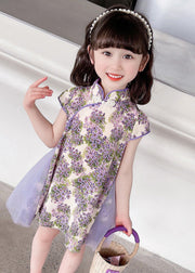 Unique Purple Stand Collar Print Girls Mid Dress Summer