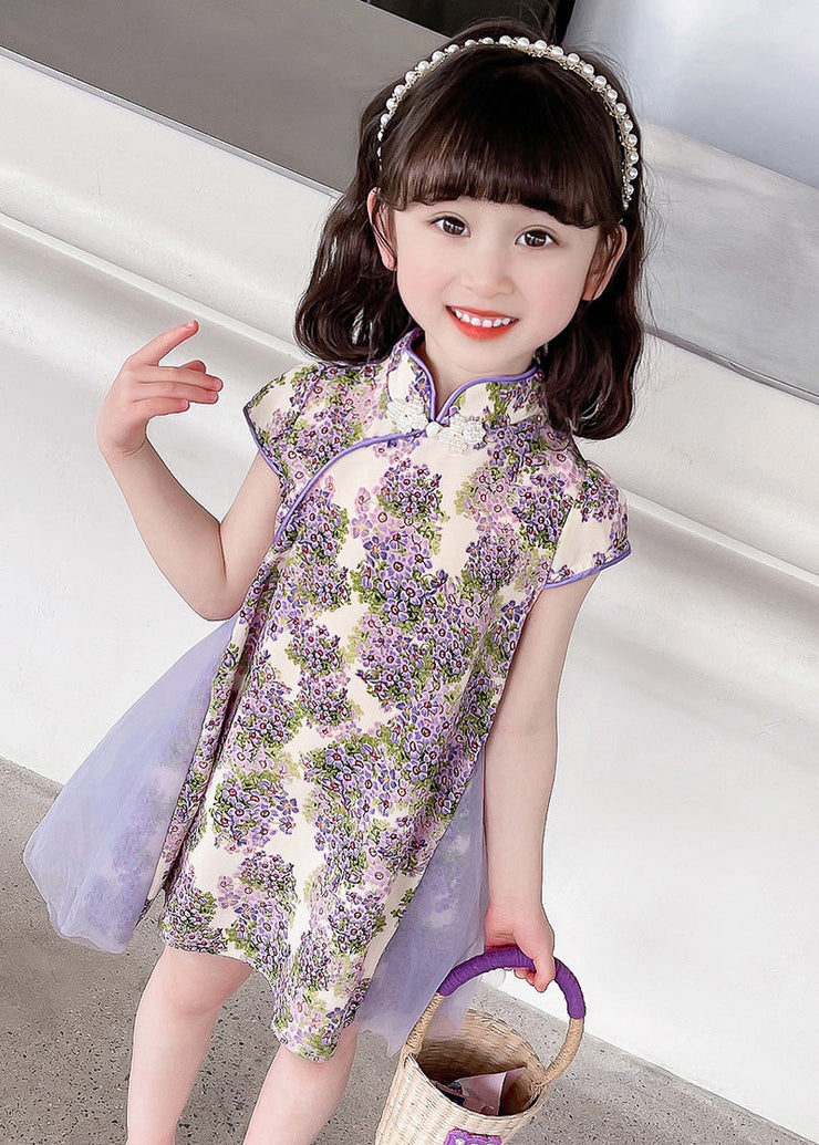 Unique Purple Stand Collar Print Girls Mid Dress Summer