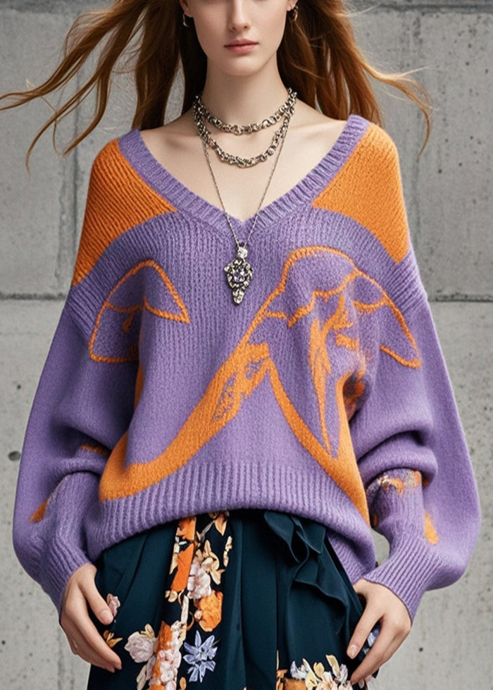 Unique Purple V Neck Cozy Knit Loose Sweaters Fall