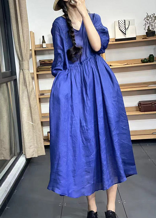 Unique Purple V Neck Lace Pockets Patchwork Cotton Dresses Summer