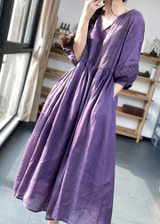 Unique Purple V Neck Lace Pockets Patchwork Cotton Dresses Summer