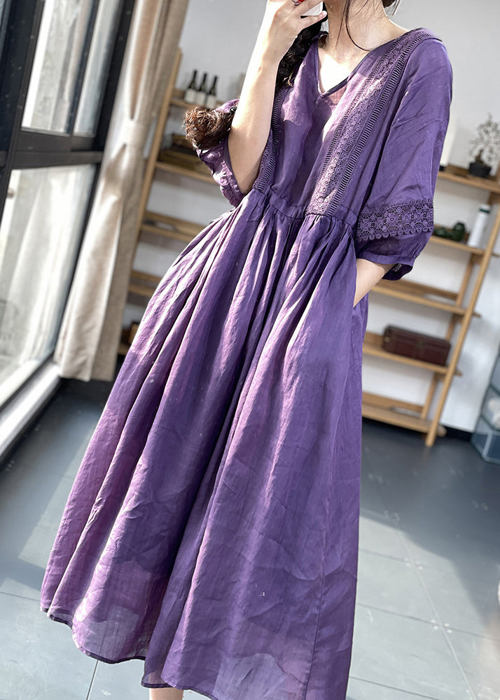 Unique Purple V Neck Lace Pockets Patchwork Cotton Dresses Summer