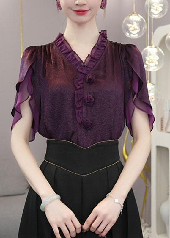 Unique Purple V Neck Ruffled Shirts Short Sleeve