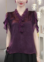 Unique Purple V Neck Ruffled Shirts Short Sleeve