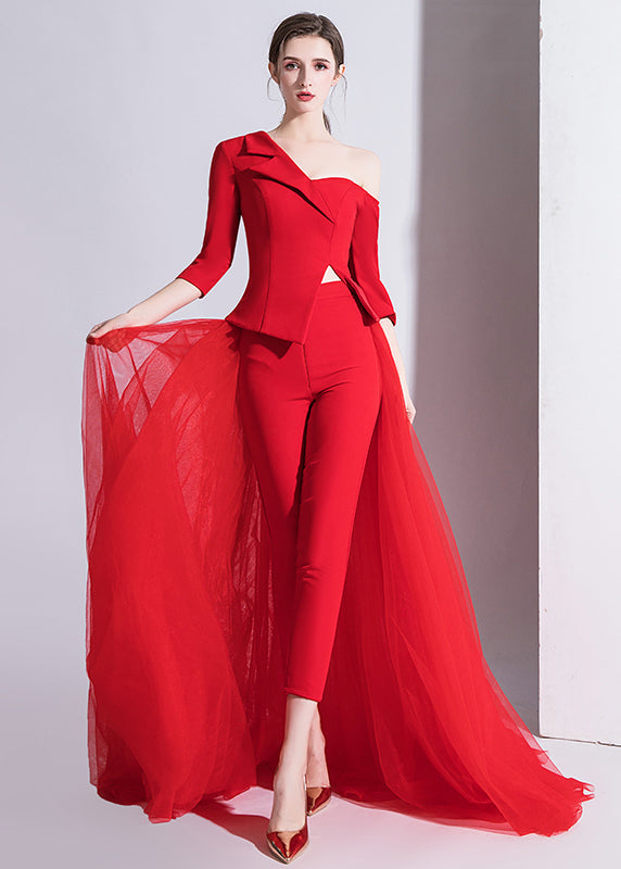 Unique Red Asymmetric Off Shoulder Design Tulle Patchwork Set Autumn