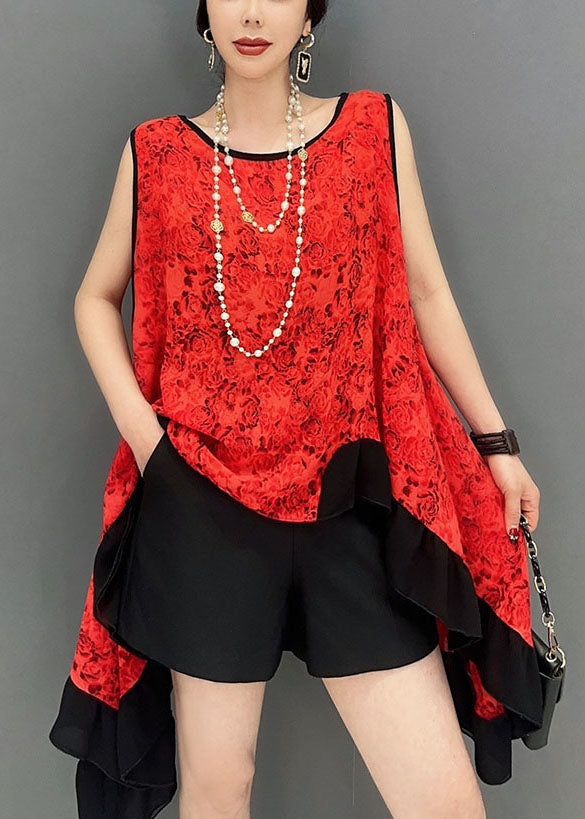 Unique Red Asymmetrical Exra Large Hem Lace Tops Sleeveless