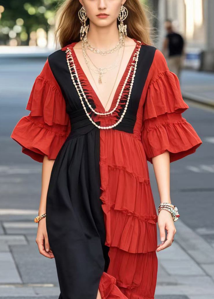 Unique Red Asymmetrical Patchwork Ruffles Cotton Dress Summer