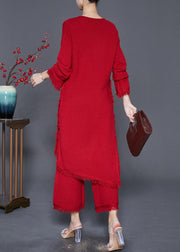 Unique Red Asymmetrical Side Open Knit Two Piece Suit Set Fall