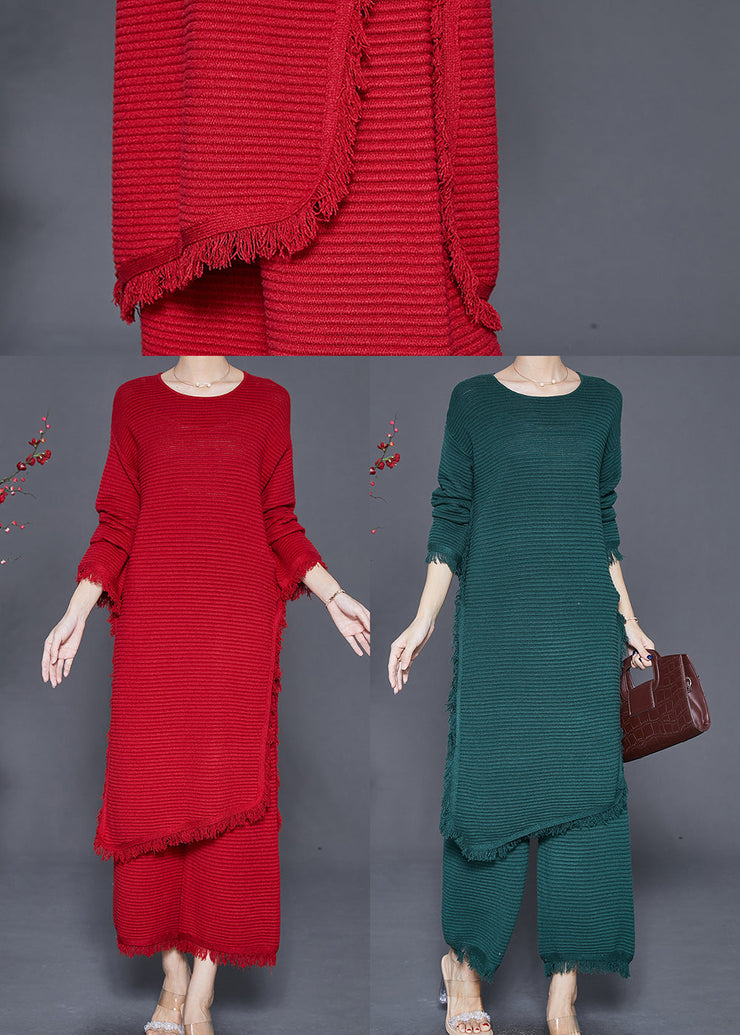 Unique Red Asymmetrical Side Open Knit Two Piece Suit Set Fall