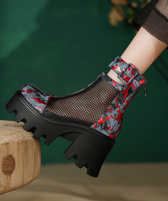 Unique Red Black Platform Boots Breathable Mesh Hollow Out