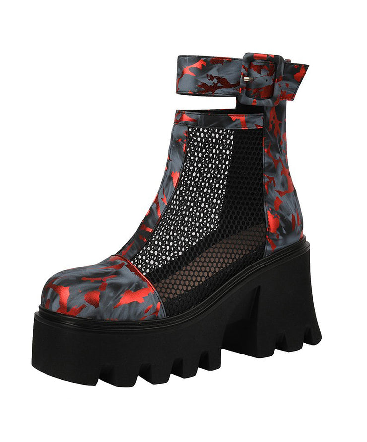 Unique Red Black Platform Boots Breathable Mesh Hollow Out