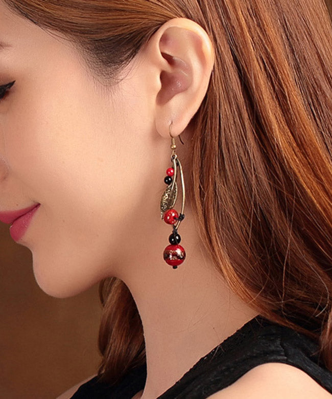 Unique Red Coloured Glaze Black Agate Gem Stone Leaf Drop Earrings