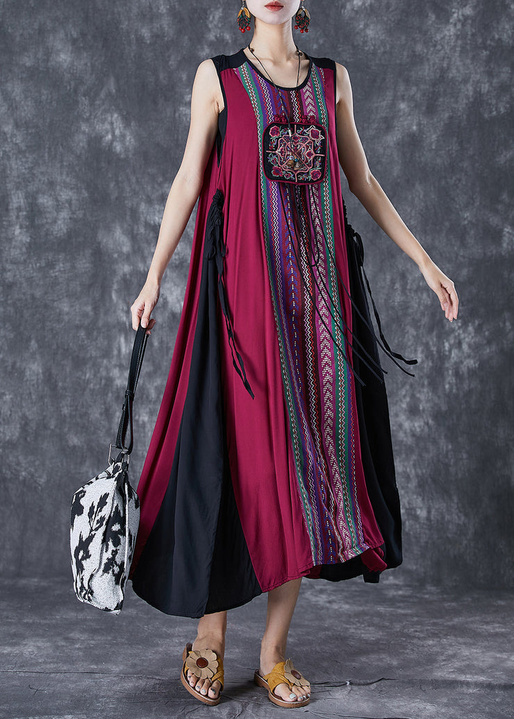 Unique Red Embroideried Patchwork Tasseled Linen Dress Sleeveless