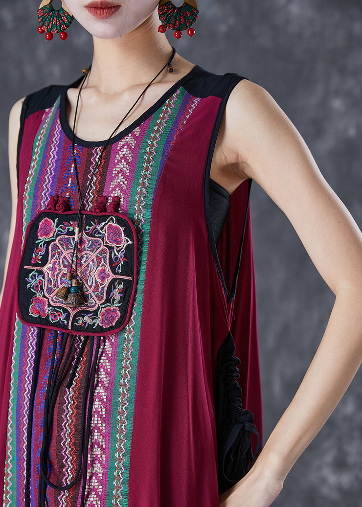 Unique Red Embroideried Patchwork Tasseled Linen Dress Sleeveless