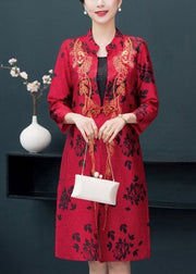 Unique Red Embroidered Side Open Patchwork Thin Silk Coat Fall