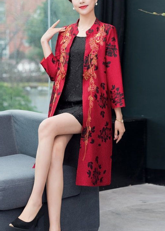 Unique Red Embroideried Side Open Patchwork Thin Silk Coat Fall