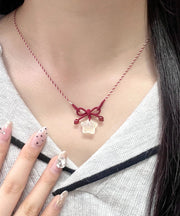 Unique Red Hand Woven Jade Bow Pendant Necklace