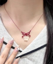 Unique Red Hand Woven Jade Bow Pendant Necklace