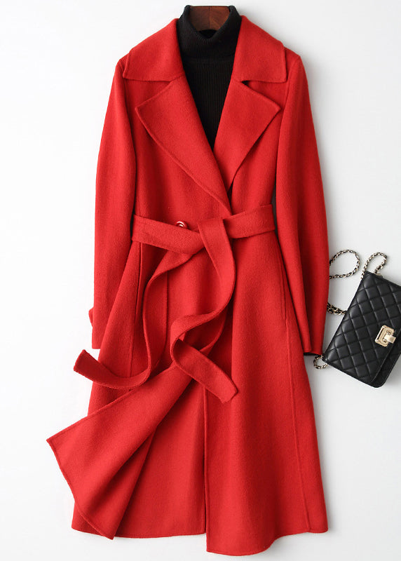 Unique Red Notched Tie Waist Woolen Maxi Coats Fall