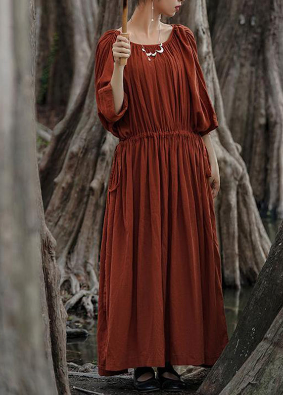 Unique Red O-Neck Drawstring Maxi Dresses Half Sleeve