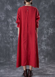 Unique Red Oversized Patchwork Chinese Button Linen Long Dress Spring