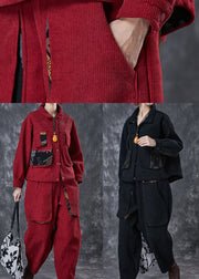 Unique Red Oversized Pockets Warm Fleece Two Piece Set Outfits Winter