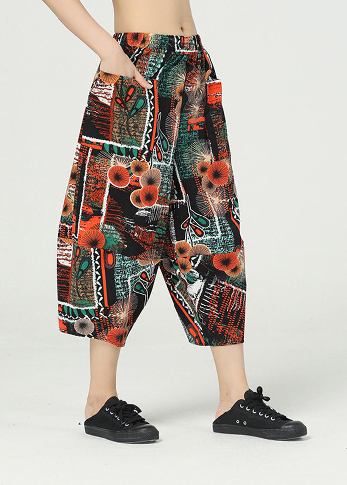 Unique Red Oversized Print Pockets Cotton Harem Pants Summer