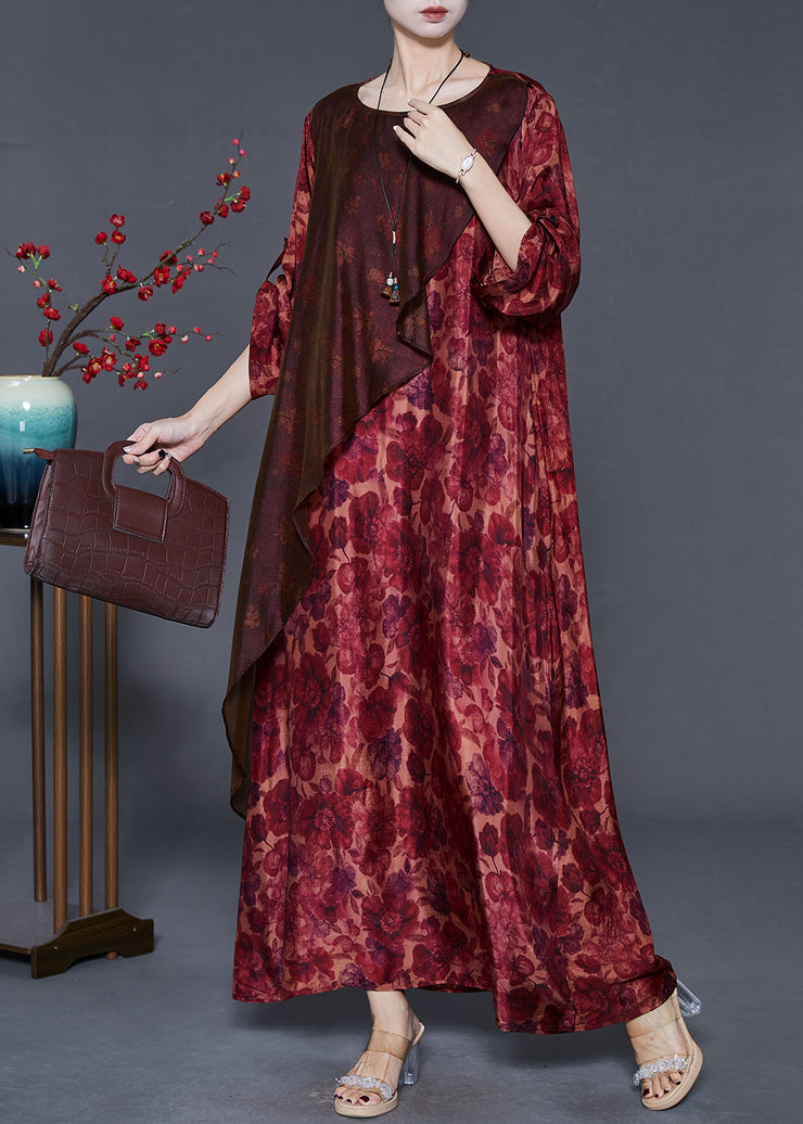 Unique Red Oversized Print Silk Maxi Dresses Spring