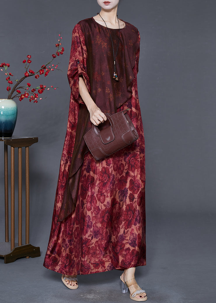 Unique Red Oversized Print Silk Maxi Dresses Spring